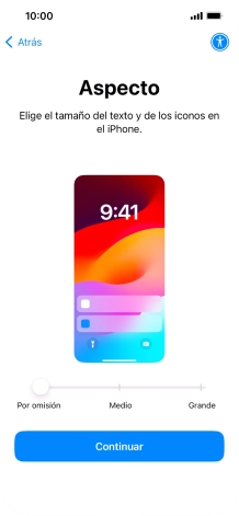 Selecciona el tamaño de letra y de los iconos que debe tener el teléfono y pulsa Continuar. Selecciona el tamaño de letra y de los iconos que debe tener el teléfono y pulsa Continuar.