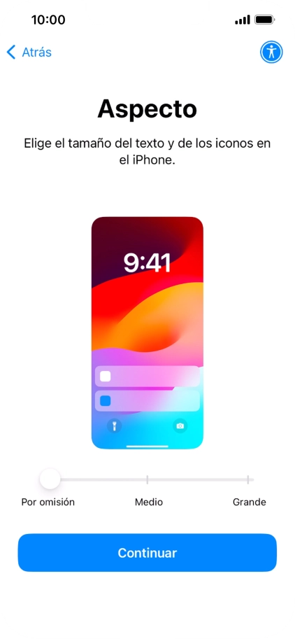 Selecciona el tamaño de letra y de los iconos que debe tener el teléfono y pulsa Continuar. Selecciona el tamaño de letra y de los iconos que debe tener el teléfono y pulsa Continuar.