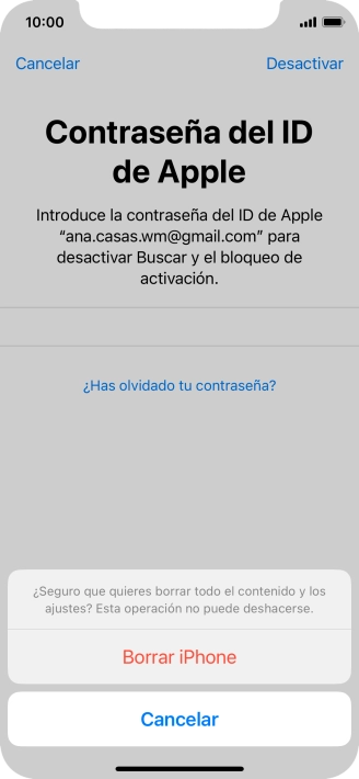 Introduce la contraseña de tu ID de Apple y pulsa Borrar iPhone. Espera unos instantes mientras el teléfono restablece la configuración predeterminada. Sigue las indicaciones de la pantalla para configurar el teléfono y dejarlo listo para su uso. Introduce la contraseña de tu ID de Apple y pulsa Borrar iPhone. Espera unos instantes mientras el teléfono restablece la configuración predeterminada. Sigue las indicaciones de la pantalla para configurar el teléfono y dejarlo listo para su uso.