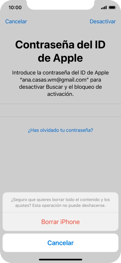 Introduce la contraseña de tu ID de Apple y pulsa Borrar iPhone. Espera unos instantes mientras el teléfono restablece la configuración predeterminada. Sigue las indicaciones de la pantalla para configurar el teléfono y dejarlo listo para su uso. Introduce la contraseña de tu ID de Apple y pulsa Borrar iPhone. Espera unos instantes mientras el teléfono restablece la configuración predeterminada. Sigue las indicaciones de la pantalla para configurar el teléfono y dejarlo listo para su uso.