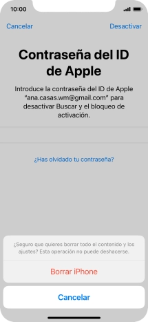 Introduce la contraseña de tu ID de Apple y pulsa Borrar iPhone. Espera unos instantes mientras el teléfono restablece la configuración predeterminada. Sigue las indicaciones de la pantalla para configurar el teléfono y dejarlo listo para su uso. Introduce la contraseña de tu ID de Apple y pulsa Borrar iPhone. Espera unos instantes mientras el teléfono restablece la configuración predeterminada. Sigue las indicaciones de la pantalla para configurar el teléfono y dejarlo listo para su uso.