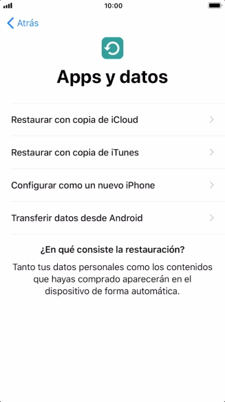 Puedes restaurar el contenido de una copia de seguridad en iCloud cuando el teléfono se activa antes de utilizarlo por primera vez y cuando lo restableces. Cuando aparece esta imagen de pantalla, tu teléfono está listo para restaurar el contenido de una copia de seguridad en iCloud. Puedes restaurar el contenido de una copia de seguridad en iCloud cuando el teléfono se activa antes de utilizarlo por primera vez y cuando lo restableces. Cuando aparece esta imagen de pantalla, tu teléfono está listo para restaurar el contenido de una copia de seguridad en iCloud.