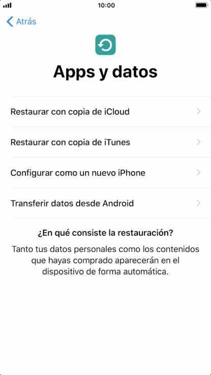 Puedes restaurar el contenido de una copia de seguridad en iCloud cuando el teléfono se activa antes de utilizarlo por primera vez y cuando lo restableces. Cuando aparece esta imagen de pantalla, tu teléfono está listo para restaurar el contenido de una copia de seguridad en iCloud. Puedes restaurar el contenido de una copia de seguridad en iCloud cuando el teléfono se activa antes de utilizarlo por primera vez y cuando lo restableces. Cuando aparece esta imagen de pantalla, tu teléfono está listo para restaurar el contenido de una copia de seguridad en iCloud.