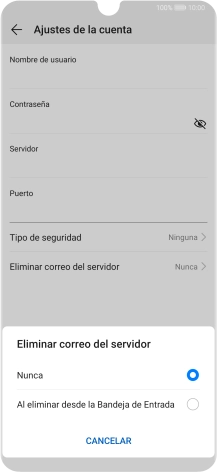 Pulsa Nunca para conservar los correos electrónicos en el servidor cuando los borras del teléfono. Pulsa Nunca para conservar los correos electrónicos en el servidor cuando los borras del teléfono.