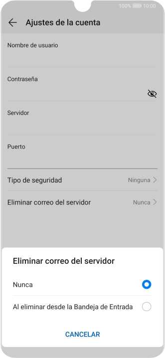 Pulsa Nunca para conservar los correos electrónicos en el servidor cuando los borras del teléfono. Pulsa Nunca para conservar los correos electrónicos en el servidor cuando los borras del teléfono.