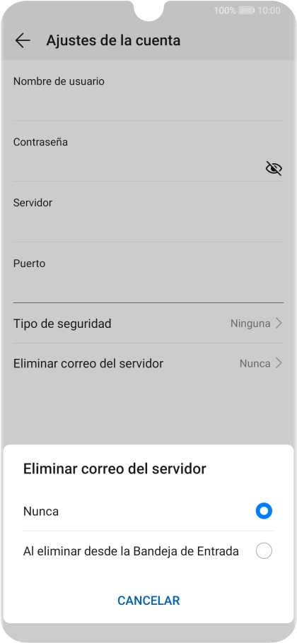 Pulsa Nunca para conservar los correos electrónicos en el servidor cuando los borras del teléfono. Pulsa Nunca para conservar los correos electrónicos en el servidor cuando los borras del teléfono.