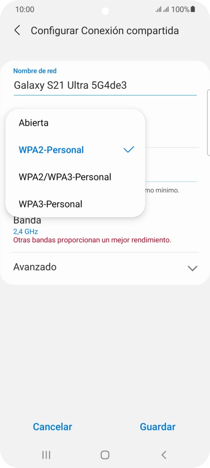 Pulsa WPA2/WPA3-Personal para proteger la conexión wifi con una contraseña. Pulsa WPA2/WPA3-Personal para proteger la conexión wifi con una contraseña.