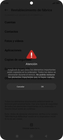 Pulsa OK. Espera unos instantes mientras el teléfono restablece la configuración predeterminada. Sigue las indicaciones de la pantalla para configurar el teléfono y dejarlo listo para su uso. Pulsa OK. Espera unos instantes mientras el teléfono restablece la configuración predeterminada. Sigue las indicaciones de la pantalla para configurar el teléfono y dejarlo listo para su uso.