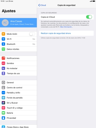 Pulsa Realizar copia de seguridad ahora y espera mientras se hace una copia de seguridad del contenido de la memoria de la tablet. Pulsa Realizar copia de seguridad ahora y espera mientras se hace una copia de seguridad del contenido de la memoria de la tablet.