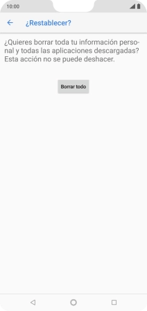Pulsa Borrar todo. Espera unos instantes mientras el teléfono restablece la configuración predeterminada. Sigue las indicaciones de la pantalla para configurar el teléfono y dejarlo listo para su uso. Pulsa Borrar todo. Espera unos instantes mientras el teléfono restablece la configuración predeterminada. Sigue las indicaciones de la pantalla para configurar el teléfono y dejarlo listo para su uso.