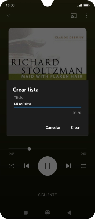 Introduce el nombre deseado de la lista de reproducción y pulsa Crear. Introduce el nombre deseado de la lista de reproducción y pulsa Crear.
