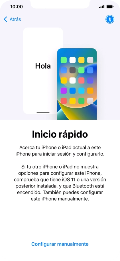 Sigue las indicaciones de la pantalla para transferir contenido de otro dispositivo iOS11 o con una versión más reciente o pulsa Configurar manualmente. Sigue las indicaciones de la pantalla para transferir contenido de otro dispositivo iOS11 o con una versión más reciente o pulsa Configurar manualmente.
