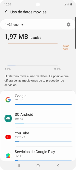 El consumo de datos por cada aplicación aparece bajo el nombre de la aplicación. El consumo de datos por cada aplicación aparece bajo el nombre de la aplicación.