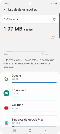 El consumo de datos por cada aplicación aparece bajo el nombre de la aplicación. El consumo de datos por cada aplicación aparece bajo el nombre de la aplicación.