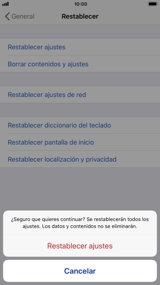 Pulsa Restablecer ajustes. Espera unos instantes mientras el teléfono restablece la configuración predeterminada. Sigue las indicaciones de la pantalla para configurar el teléfono y dejarlo listo para su uso. Pulsa Restablecer ajustes. Espera unos instantes mientras el teléfono restablece la configuración predeterminada. Sigue las indicaciones de la pantalla para configurar el teléfono y dejarlo listo para su uso.