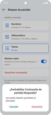 Pulsa Desactivar e introduce el código de seguridad extra que has creado anteriormente. Pulsa Desactivar e introduce el código de seguridad extra que has creado anteriormente.