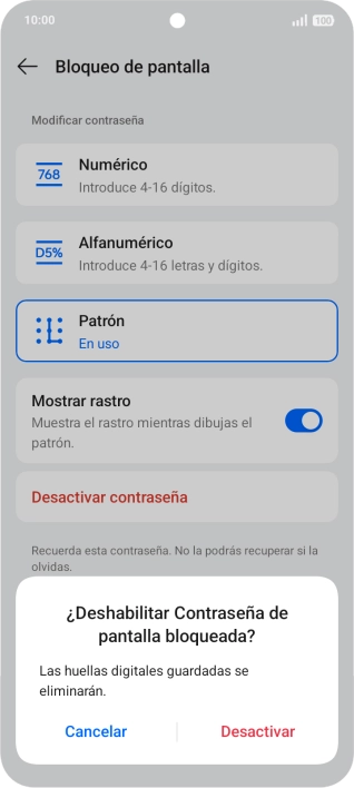 Pulsa Desactivar e introduce el código de seguridad extra que has creado anteriormente. Pulsa Desactivar e introduce el código de seguridad extra que has creado anteriormente.