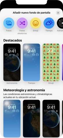 Pulsa una categoría y sigue las indicaciones de la pantalla para seleccionar la imagen de fondo deseada. Pulsa una categoría y sigue las indicaciones de la pantalla para seleccionar la imagen de fondo deseada.