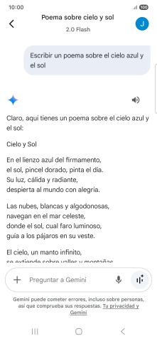 A Gemini le puedes pedir que genere un texto a partir de una descripción tuya. A Gemini le puedes pedir que genere un texto a partir de una descripción tuya.