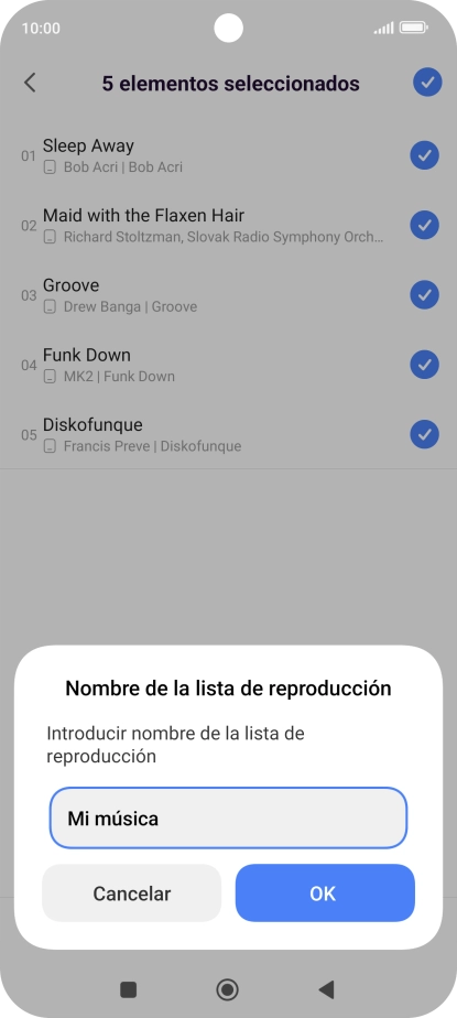 Introduce el nombre deseado de la lista de reproducción y pulsa OK. Introduce el nombre deseado de la lista de reproducción y pulsa OK.