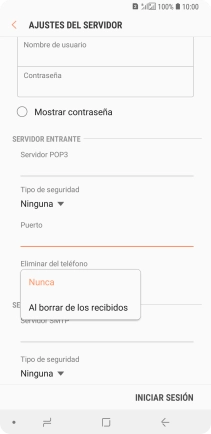 Pulsa Nunca para conservar los correos electrónicos en el servidor cuando los borras del teléfono. Pulsa Nunca para conservar los correos electrónicos en el servidor cuando los borras del teléfono.