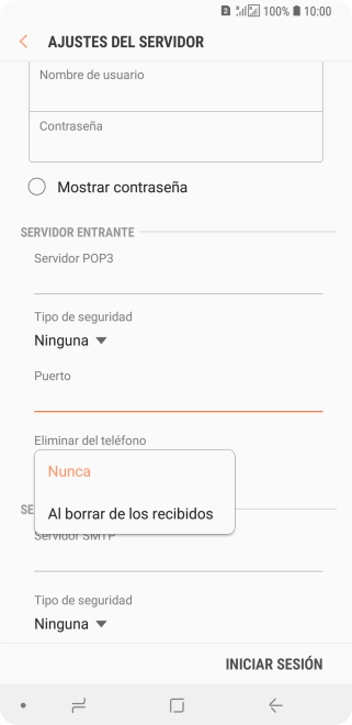Pulsa Nunca para conservar los correos electrónicos en el servidor cuando los borras del teléfono. Pulsa Nunca para conservar los correos electrónicos en el servidor cuando los borras del teléfono.