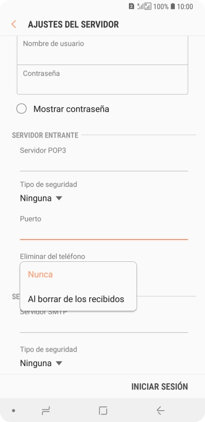 Pulsa Nunca para conservar los correos electrónicos en el servidor cuando los borras del teléfono. Pulsa Nunca para conservar los correos electrónicos en el servidor cuando los borras del teléfono.