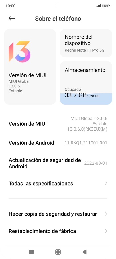 Pulsa Versión de MIUI. Si hay una versión de software nueva disponible, aparecerá ahora en la pantalla. Sigue las indicaciones de la pantalla para actualizar el software del teléfono. Pulsa Versión de MIUI. Si hay una versión de software nueva disponible, aparecerá ahora en la pantalla. Sigue las indicaciones de la pantalla para actualizar el software del teléfono.