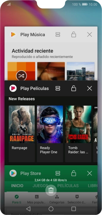 Para cerrar una sola aplicación en ejecución, desliza el dedo hacia la derecha sobre la aplicación deseada. Para cerrar una sola aplicación en ejecución, desliza el dedo hacia la derecha sobre la aplicación deseada.