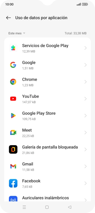 El consumo de datos por cada aplicación aparece bajo el nombre de la aplicación. El consumo de datos por cada aplicación aparece bajo el nombre de la aplicación.