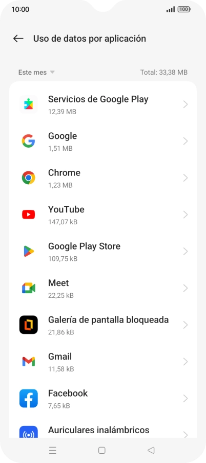 El consumo de datos por cada aplicación aparece bajo el nombre de la aplicación. El consumo de datos por cada aplicación aparece bajo el nombre de la aplicación.