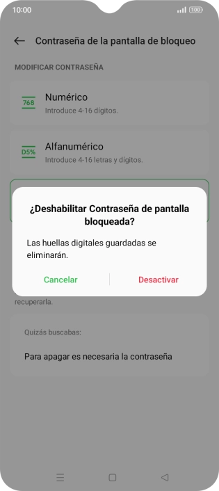Pulsa Desactivar e introduce el código de seguridad extra que has creado anteriormente. Pulsa Desactivar e introduce el código de seguridad extra que has creado anteriormente.