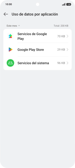 El consumo de datos por cada aplicación aparece bajo el nombre de la aplicación. El consumo de datos por cada aplicación aparece bajo el nombre de la aplicación.