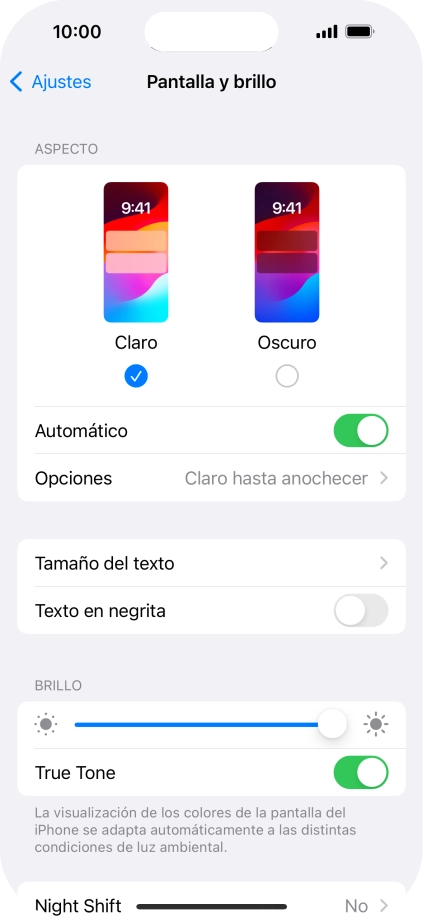 Si activas la función, pulsa Opciones y sigue las indicaciones de la pantalla para seleccionar el período de tiempo que debe durar el Modo Oscuro. Si activas la función, pulsa Opciones y sigue las indicaciones de la pantalla para seleccionar el período de tiempo que debe durar el Modo Oscuro.
