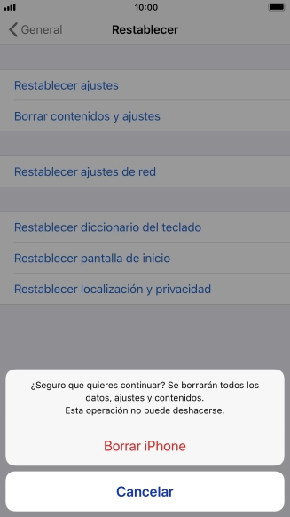 Pulsa Borrar iPhone. Espera unos instantes mientras el teléfono restablece la configuración predeterminada. Sigue las indicaciones de la pantalla para configurar el teléfono y dejarlo listo para su uso. Pulsa Borrar iPhone. Espera unos instantes mientras el teléfono restablece la configuración predeterminada. Sigue las indicaciones de la pantalla para configurar el teléfono y dejarlo listo para su uso.