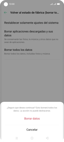 Pulsa Borrar datos. Espera unos instantes mientras el teléfono restablece la configuración predeterminada. Sigue las indicaciones de la pantalla para configurar el teléfono y dejarlo listo para su uso. Pulsa Borrar datos. Espera unos instantes mientras el teléfono restablece la configuración predeterminada. Sigue las indicaciones de la pantalla para configurar el teléfono y dejarlo listo para su uso.