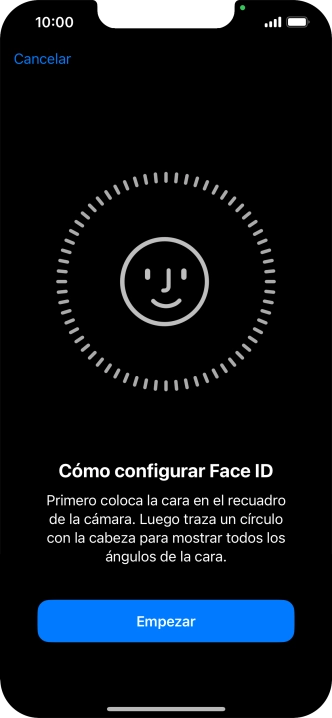 Pulsa Empezar y sigue las indicaciones de la pantalla para crear un código de seguridad con la función de reconocimiento facial (Face ID). Pulsa Empezar y sigue las indicaciones de la pantalla para crear un código de seguridad con la función de reconocimiento facial (Face ID).