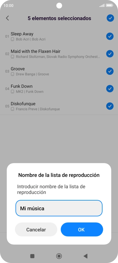 Introduce el nombre deseado de la lista de reproducción y pulsa OK. Introduce el nombre deseado de la lista de reproducción y pulsa OK.