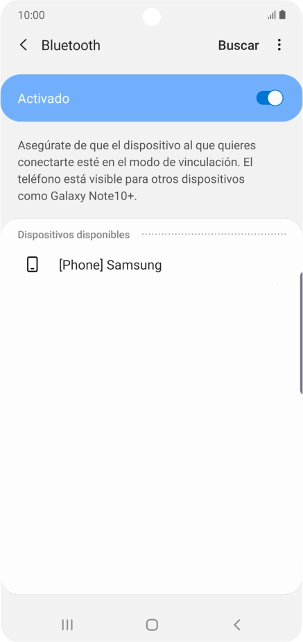 Pulsa el dispositivo Bluetooth deseado y sigue las indicaciones de la pantalla para vincular el dispositivo al teléfono. Pulsa el dispositivo Bluetooth deseado y sigue las indicaciones de la pantalla para vincular el dispositivo al teléfono.