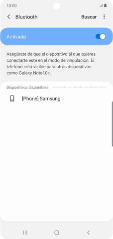 Pulsa el dispositivo Bluetooth deseado y sigue las indicaciones de la pantalla para vincular el dispositivo al teléfono. Pulsa el dispositivo Bluetooth deseado y sigue las indicaciones de la pantalla para vincular el dispositivo al teléfono.