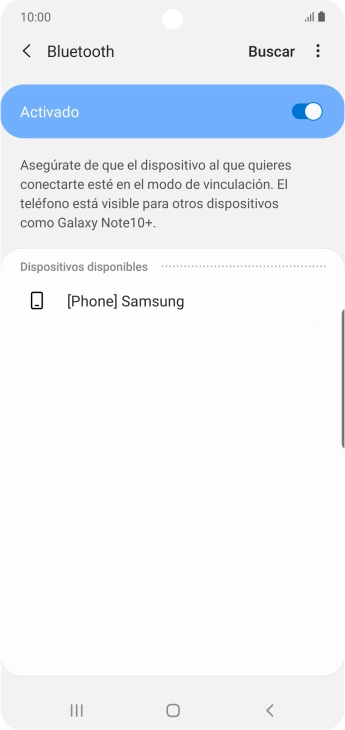 Pulsa el dispositivo Bluetooth deseado y sigue las indicaciones de la pantalla para vincular el dispositivo al teléfono. Pulsa el dispositivo Bluetooth deseado y sigue las indicaciones de la pantalla para vincular el dispositivo al teléfono.