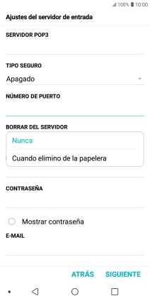 Pulsa Nunca para conservar los correos electrónicos en el servidor cuando los borras del teléfono. Pulsa Nunca para conservar los correos electrónicos en el servidor cuando los borras del teléfono.