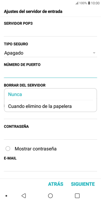 Pulsa Nunca para conservar los correos electrónicos en el servidor cuando los borras del teléfono. Pulsa Nunca para conservar los correos electrónicos en el servidor cuando los borras del teléfono.