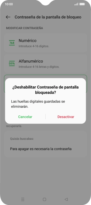 Pulsa Desactivar e introduce el código de seguridad extra que has creado anteriormente. Pulsa Desactivar e introduce el código de seguridad extra que has creado anteriormente.