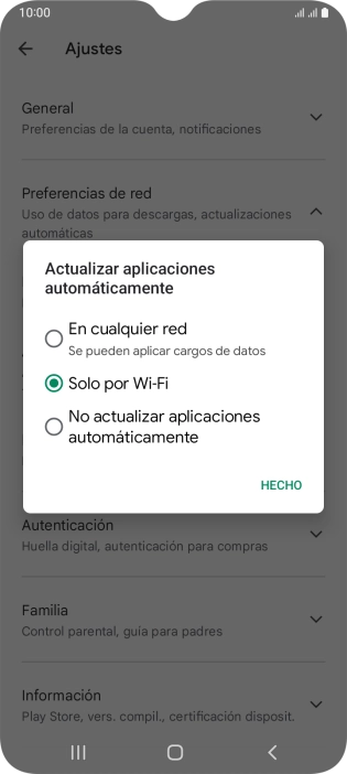 Para activar la actualización automática de apps utilizando la red móvil, pulsa En cualquier red. Para activar la actualización automática de apps utilizando la red móvil, pulsa En cualquier red.