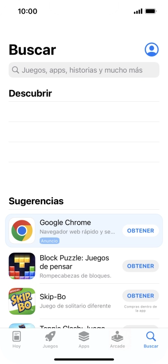 Pulsa en el campo de búsqueda e introduce el nombre o el tema de la app deseada. Pulsa en el campo de búsqueda e introduce el nombre o el tema de la app deseada.