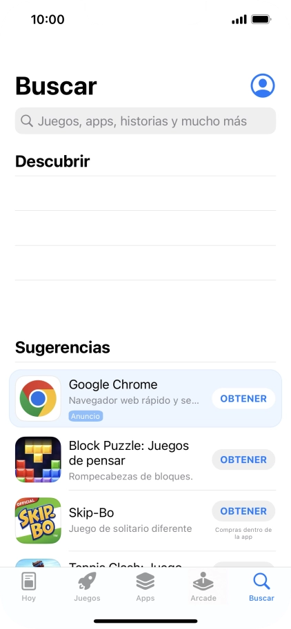 Pulsa en el campo de búsqueda e introduce el nombre o el tema de la app deseada. Pulsa en el campo de búsqueda e introduce el nombre o el tema de la app deseada.