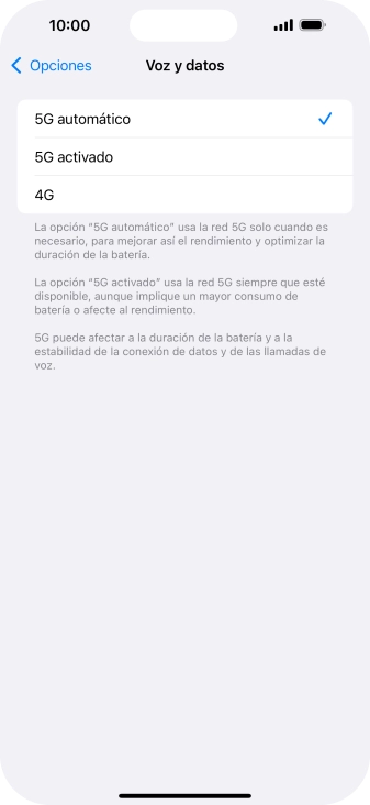 Si deseas activar el cambio automático entre una red 5G y 4G, pulsa 5G automático. Si deseas activar el cambio automático entre una red 5G y 4G, pulsa 5G automático.