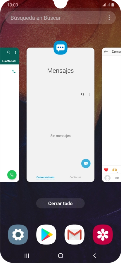 Para cerrar una sola aplicación en ejecución, desliza el dedo hacia arriba sobre la aplicación deseada. Para cerrar una sola aplicación en ejecución, desliza el dedo hacia arriba sobre la aplicación deseada.