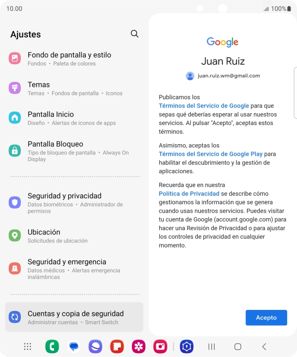 Pulsa Acepto y sigue las indicaciones de la pantalla para seleccionar los ajustes de tu cuenta de Google. Pulsa Acepto y sigue las indicaciones de la pantalla para seleccionar los ajustes de tu cuenta de Google.